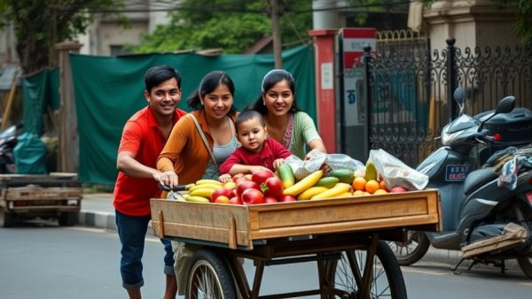 Family with fruit cart near garbage, vibrant urban scene.