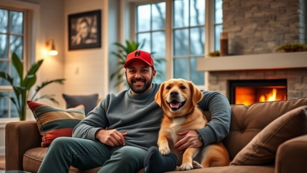Man sitting with dog in cozy living room.