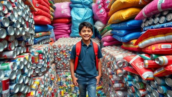 Young person recycling a million cans for charity, vibrant and engaging scene.