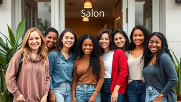 Diverse group of women smiling outside a hair salon for hair care for kids in foster care.