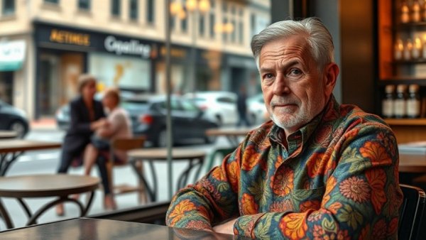 Older activist in colorful sweater at cafe for climate justice talk.