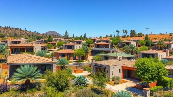 Modern fire-resistant neighborhood in California with sustainable design.
