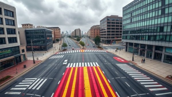 Aerial view of colorful rainbow crosswalks in San Antonio street, highlighting urban scene.