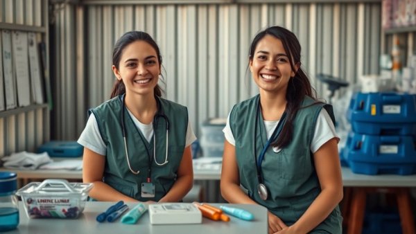 Two medical students smiling in Gaza makeshift medical school.