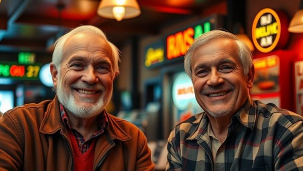Two men at a restaurant celebrating free oysters tradition.