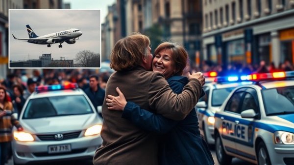 Truck Driver Aids Teen Pilot Landing, emotional hug on a busy street with police presence, small plane in the background.