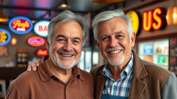 Two older men smiling warmly in a restaurant with vibrant signage.