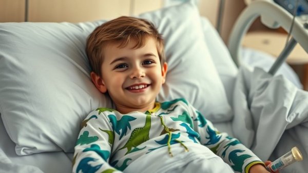 Smiling boy in dinosaur pajamas in hospital bed, child adoption hospital story.