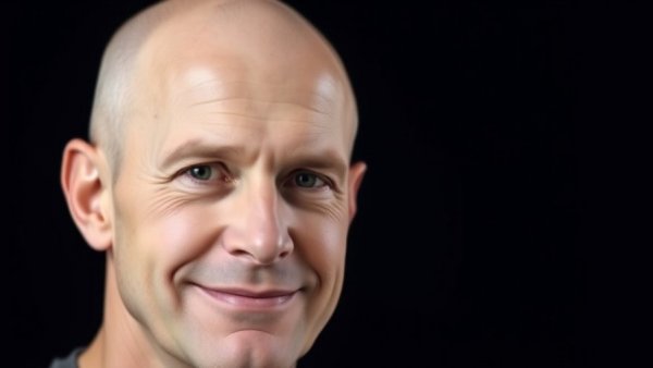 Bald man with a slight smile in a dark background