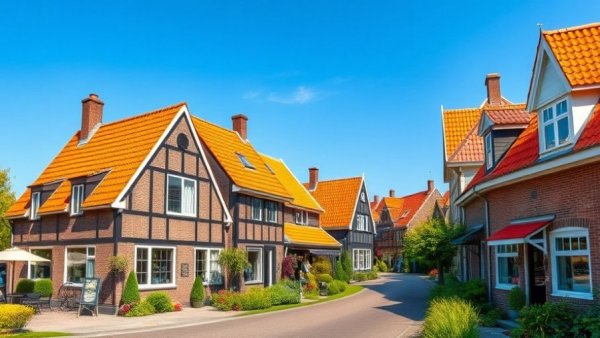 Traditional Dutch houses with orange roofs under blue sky, Netherlands Breakthrough Method.