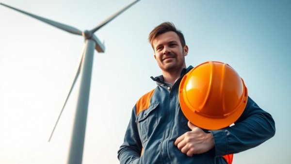 Young engineer holding helmet by wind turbine in renewable energy setting