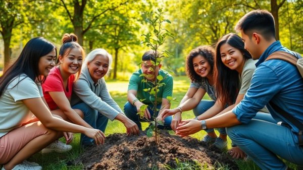 Redefining Patriotism: diverse group planting trees.