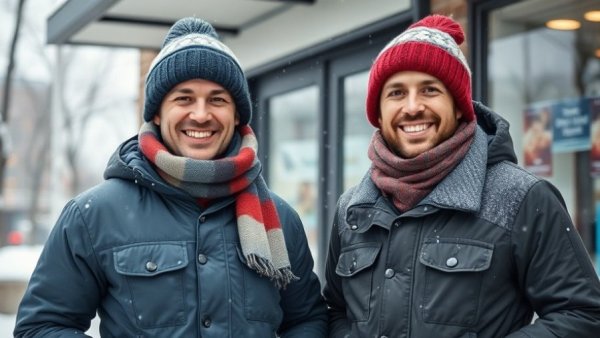 Essential workers smiling outside during a blizzard with snow.