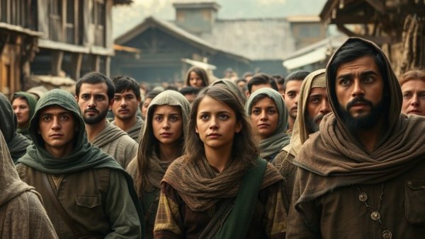 Villagers in period costumes displaying anticipation at a medieval market.