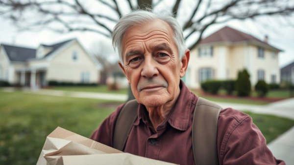 Elderly DoorDash driver delivering food in suburban area.