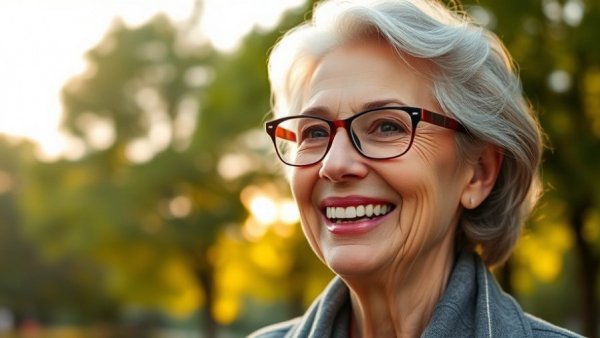Mature woman smiling outdoors wearing glasses in soft morning light.