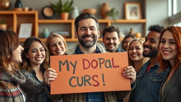 Smiling man holding sign with friends; joyful moment indoors.