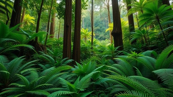 Dense rainforest showcasing ferns and tall trees; protecting rainforests.