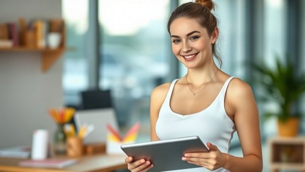 Young woman smiling at desk, exploring personal aesthetic.