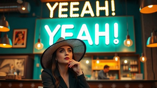 Woman in hat under 'YEAH!' sign, reflecting on life tips.