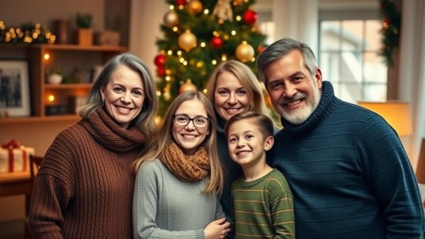 Smiling family in festive home, capturing authenticity in digital marketing.
