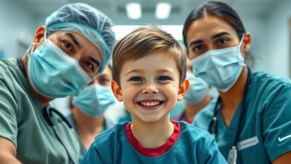 Doctor adopts heart patient; medical team with smiling child in hospital.