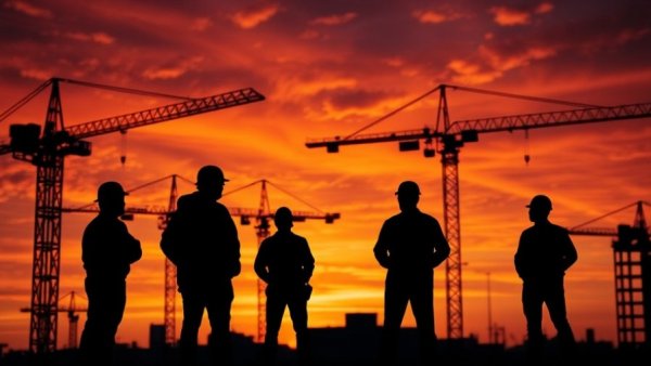 Construction workers and cranes at sunset, Ascension Business Report.