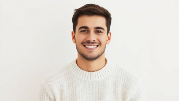 Young man smiling in white sweater, photorealistic portrait.