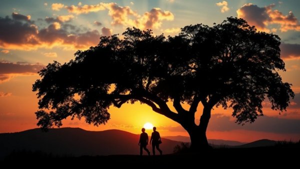 Sycamore tree at sunset with people underneath, Sycamore Gap community art