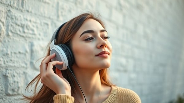 Young woman reducing anxiety with music outdoors.