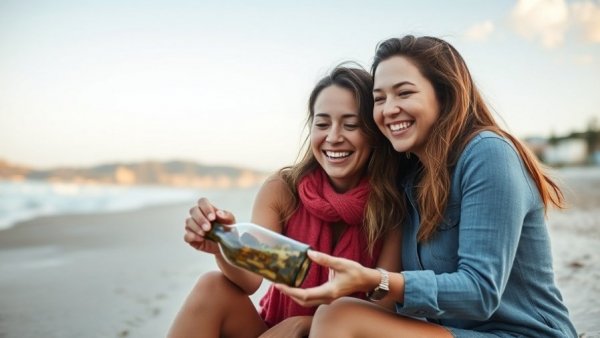 Two women finding a message in a bottle on a beach, symbolizing friendship.