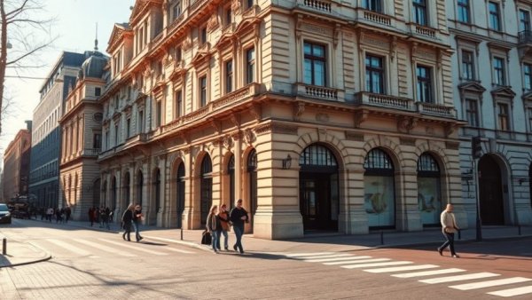 Elegant historic building, people walking, soft afternoon light.