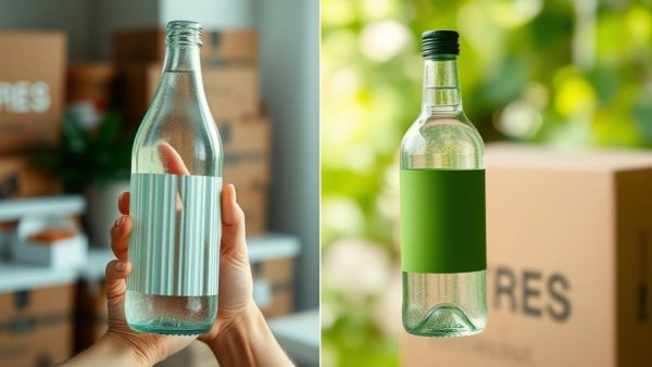 Transparent sugarcane biodegradable bottles, one labeled green, indoors and outdoors.