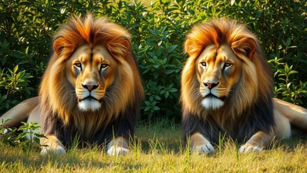 Two lions rest peacefully in the grass, focus on lion DNA database conviction.