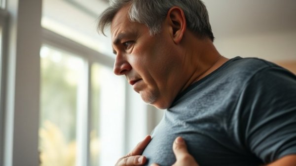 Side profile of a man holding belly, weight gain concept, indoors.