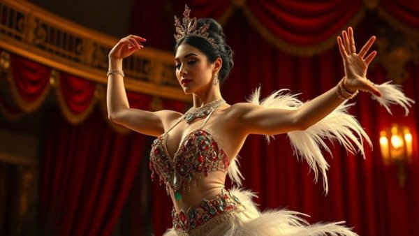 Glamorous dancer performing on stage in ornate costume