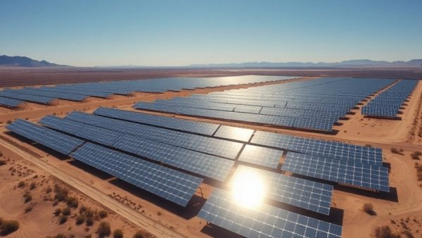 Aerial view of Puerto Peñasco solar expansion showcasing solar panels and desert landscape.