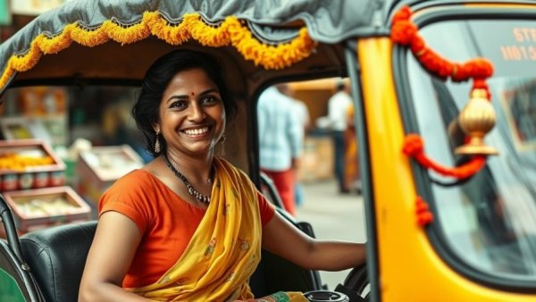 Women auto driver in Bengaluru posing with her decorated auto rickshaw.