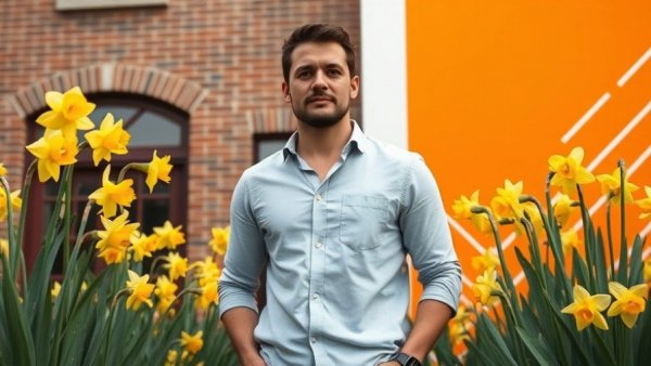 Confident man in front of blooming daffodils and brick building, highlighting community solar initiatives.