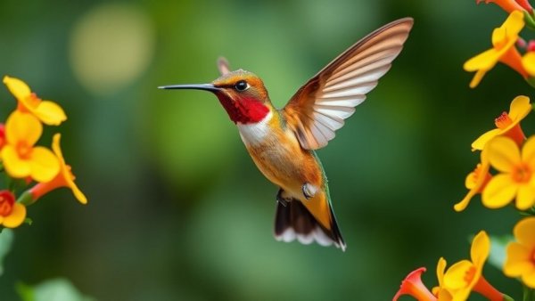 Rufous Hummingbird feeding on bright flowers during 2026 hummingbird migration.