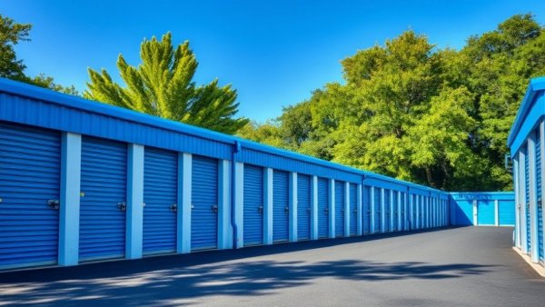 Organized row of blue storage units in clear weather.