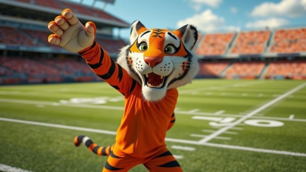 Tiger mascot in orange uniform on football field for wildlife conservation.