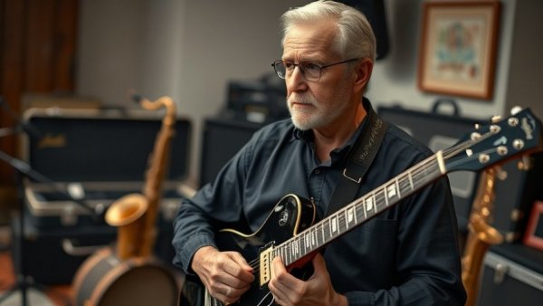 Distinguished man with classic black guitar in studio, most expensive guitar ever sold.