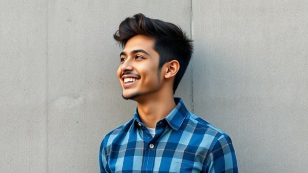 Young man smiling in blue checkered shirt, freelance journalism opportunities.