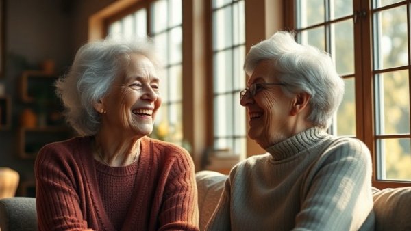 Older woman smiling with friends, cancer death rates decline topic.