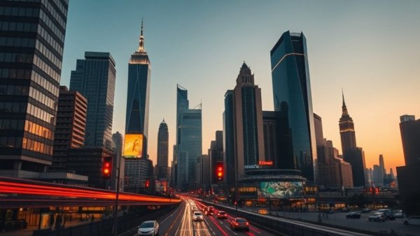 Vibrant city skyline with modern skyscrapers and improved air quality.