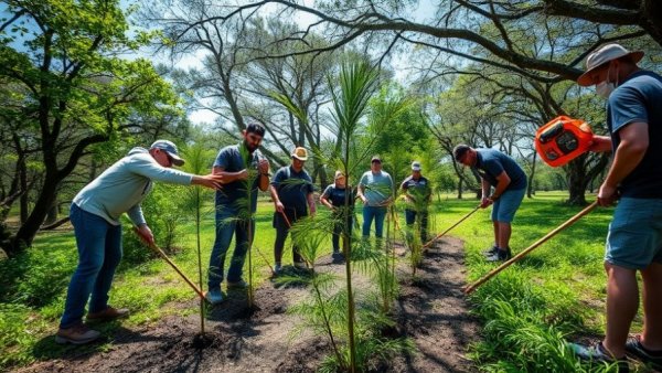 Volunteers planting bald cypress trees for coastal restoration.