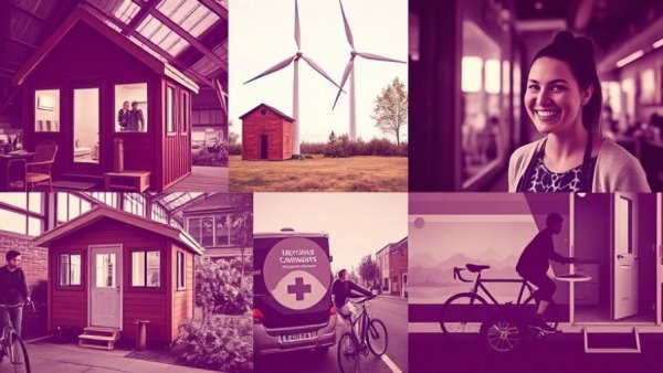 Creative montage highlighting community support with indoor tiny homes.