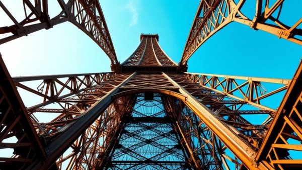 View of intricate iron structure against blue sky, symbolizing growth.