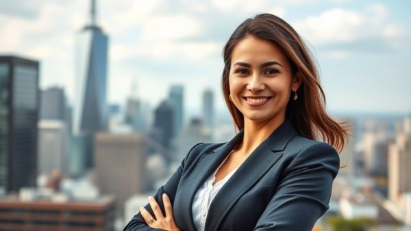Professional woman smiling in business attire against city skyline.